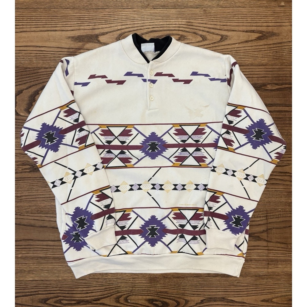 Vintage 90s Art Unlimited Men's Large Southwest Aztec Print Henley Sweatshirt